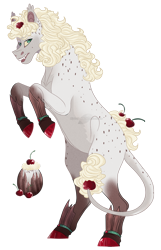 Size: 812x1260 | Tagged: safe, artist:bijutsuyoukai, imported from derpibooru, oc, oc only, cake pony, earth pony, food pony, original species, pony, bat ears, black forest cake, cake, colored hooves, female, food, leonine tail, mare, ponified, rearing, simple background, solo, transparent background, whipped cream
