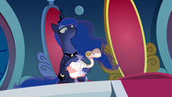 Size: 1920x1080 | Tagged: safe, imported from derpibooru, screencap, princess luna, alicorn, bird, goose, pony, sparkle's seven, animal, duo, epic, ethereal mane, female, hoof shoes, lidded eyes, luna petting goose, mare, petting, solo, starry mane, throne, traitor