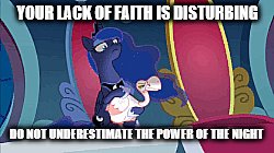 Size: 250x140 | Tagged: safe, edit, edited screencap, imported from derpibooru, screencap, princess luna, alicorn, bird, goose, pony, sparkle's seven, animal, duo, ethereal mane, female, luna petting goose, mare, meme, picture for breezies, solo, star wars