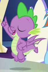 Size: 418x630 | Tagged: safe, imported from derpibooru, screencap, rainbow dash, spike, dragon, pegasus, pony, the beginning of the end, claws, eyes closed, male, offscreen character, solo focus, winged spike, wings