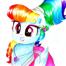 Size: 1306x1306 | Tagged: safe, artist:liaaqila, imported from derpibooru, rainbow dash, pegasus, pony, sparkle's seven, alternate hairstyle, clothes, cute, dress, ear piercing, female, jewelry, mare, megaradash, necklace, piercing, rainbow dash always dresses in style, solo, traditional art