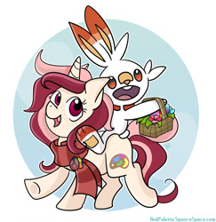 Size: 1280x1315 | Tagged: safe, artist:redpalette, imported from derpibooru, oc, oc:red palette, pony, rabbit, scorbunny, unicorn, cute, easter, holiday, pokemon sword and shield, pokémon, smiling