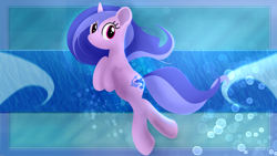 Size: 2560x1440 | Tagged: safe, artist:startledflowerpony, imported from derpibooru, sea swirl, seafoam, pony, unicorn, background pony, bubble, female, mare, solo, underwater