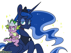 Size: 1280x960 | Tagged: safe, artist:1racat, imported from derpibooru, princess luna, spike, alicorn, dragon, pony, sparkle's seven, crown, hard-won helm of the sibling supreme, jewelry, regalia, smug