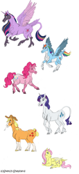 Size: 1024x2254 | Tagged: safe, artist:sketch-shepherd, imported from derpibooru, applejack, fluttershy, pinkie pie, rainbow dash, rarity, twilight sparkle, alicorn, classical unicorn, earth pony, pegasus, pony, unicorn, chest fluff, cloven hooves, colored wings, cowboy hat, female, flying, hat, leonine tail, mane six, mare, redesign, simple background, twilight sparkle (alicorn), unshorn fetlocks, white background