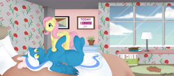 Size: 5768x2520 | Tagged: safe, artist:nightmare58, imported from derpibooru, fluttershy, oc, oc:fleurbelle, alicorn, pony, adorabelle, alicorn oc, bed, bedroom, book, bow, cloud, cute, female, flower, fluttershy plushie, hair bow, lamp, laying on bed, looking up, lying down, lying on bed, mare, microsoft, ocbetes, on back, paintings, pillow, pink bow, plant, plushie, ribbon, rug, scenery, sky, solo, wallpaper, window, windows, yellow eyes