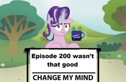 Size: 1024x662 | Tagged: safe, deleted from derpibooru, imported from derpibooru, starlight glimmer, unicorn, sparkle's seven, change my mind, cup, discussion in the comments, episode 200, i mean i see, meme, op is a duck, op is trying to start shit, solo