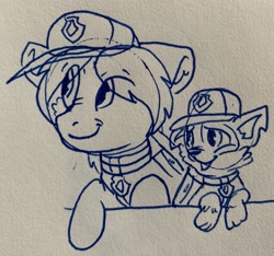 Size: 2547x2384 | Tagged: safe, artist:rainbow eevee, imported from derpibooru, rocky, sandbar, dog, pony, clothes, crossover, cute, drawing, duo, hat, ink, lineart, paw patrol, pen drawing, traditional art