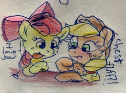 Size: 3561x2620 | Tagged: safe, artist:rainbow eevee, imported from derpibooru, apple bloom, applejack, pony, bow, chest fluff, colored pencil drawing, coloured pencil, drawing, duo, eyes on the prize, female, freckles, hat, ink, pen drawing, sisters, tongue out, traditional art