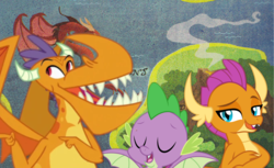 Size: 1641x1005 | Tagged: safe, imported from derpibooru, billy (dragon), smolder, spike, dragon, season 9, sweet and smoky, 2019, billy, dragon lands, dragoness, eyes closed, fanart, female, male, speculation, winged spike, wings