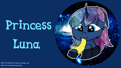 Size: 2560x1440 | Tagged: safe, artist:guyonly, imported from derpibooru, princess luna, pony, alternate hairstyle, bust, female, food, hoof hold, raised hoof, solo, text