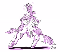 Size: 2885x2480 | Tagged: safe, artist:jowyb, artist:jowybean, imported from derpibooru, shining armor, spike, twilight sparkle, alicorn, dragon, pony, unicorn, sparkle's seven, armpits, butt, crown, cute, female, hard-won helm of the sibling supreme, male, mare, monochrome, plot, purple, siblings, simple background, sparkle siblings, spikabetes, stallion, trio, twilight sparkle (alicorn), unshorn fetlocks, white background, wingless