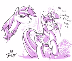 Size: 2324x1984 | Tagged: safe, artist:jowyb, artist:jowybean, imported from derpibooru, shining armor, twilight sparkle, alicorn, pony, unicorn, sparkle's seven, blatant lies, brother and sister, duo, female, flower, magic, male, mare, monochrome, raised leg, scene interpretation, siblings, simple background, sniffing, stallion, suspect, telekinesis, twilight sparkle (alicorn), white background
