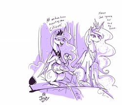 Size: 2885x2480 | Tagged: safe, artist:jowyb, artist:jowybean, imported from derpibooru, princess celestia, princess luna, alicorn, bird, goose, pony, sparkle's seven, animal, crown, dialogue, ethereal mane, female, hoof shoes, jewelry, lidded eyes, lineart, luna petting goose, mare, monochrome, petting, regalia, royal sisters, simple background, starry mane, throne, trio, white background