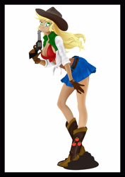 Size: 2953x4167 | Tagged: safe, artist:kenuma, imported from derpibooru, applejack, human, equestria girls, rainbow rocks, applejack's hat, boots, clothes, cowboy hat, denim skirt, female, gloves, gun, hat, mud, shoes, solo, standing, weapon