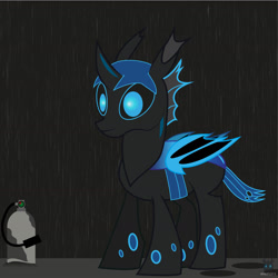 Size: 1407x1408 | Tagged: safe, artist:wheatley r.h., derpibooru exclusive, imported from derpibooru, oc, oc only, oc:w. rhinestone eyes, changeling, bat wings, blue changeling, blue eyes, changeling oc, cute, fire extinguisher, folded wings, hair, happy, horn, male, simple background, single panel, solo, vector, watermark, wings