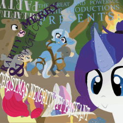 Size: 1080x1080 | Tagged: safe, artist:nootaz, imported from derpibooru, apple bloom, rarity, scootaloo, sweetie belle, trixie, pony, unicorn, album, album cover, animated, bible, breakcore, christmas, cover art, cross, female, fire, gabber, hair ribbon, hair tie, hardcore, holiday, magic, mashcore, metal, music, pinkamena party, rockcore, sound, webm