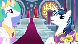 Size: 1920x1080 | Tagged: safe, imported from derpibooru, screencap, princess celestia, shining armor, pony, sparkle's seven, crown, hard-won helm of the sibling supreme, paper crown