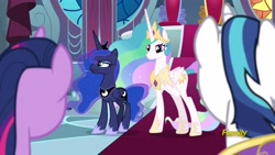 Size: 1920x1080 | Tagged: safe, imported from derpibooru, screencap, princess celestia, princess luna, shining armor, twilight sparkle, alicorn, pony, sparkle's seven, horses doing horse things, twilight sparkle (alicorn)