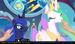 Size: 1920x1148 | Tagged: safe, edit, edited screencap, imported from derpibooru, screencap, princess celestia, princess luna, alicorn, pony, sparkle's seven, boop, boop edit, caption, cute, discovery family logo, disembodied hand, duo focus, hand, imminent boop, meta, non-consensual booping, offscreen character, royal sisters, silly, silly pony, surprised, text