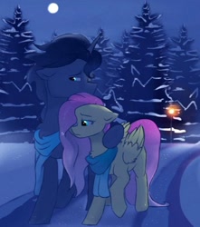 Size: 546x618 | Tagged: safe, artist:hiccupsdoesart, deleted from derpibooru, imported from derpibooru, fluttershy, king sombra, clothes, fanfic art, female, male, moon, night, scarf, shipping, snow, sombrashy, straight