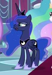 Size: 571x819 | Tagged: safe, imported from derpibooru, screencap, princess celestia, princess luna, alicorn, pony, sparkle's seven, cropped, drool, female, flehmen response, horses doing horse things, jewelry, luna is not amused, nickering, offscreen character, onomatopoeia, raspberry, raspberry noise, regalia, unamused, wings