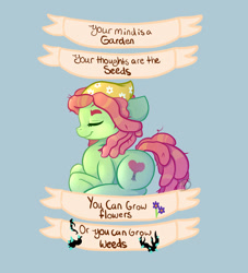 Size: 1000x1100 | Tagged: safe, artist:mdragonflame, imported from derpibooru, tree hugger, earth pony, pony, blue background, cute, eyes closed, female, huggerbetes, mare, old banner, profile, prone, quote, simple background, solo