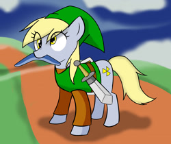 Size: 1534x1290 | Tagged: safe, artist:doval, artist:sammy181, imported from derpibooru, derpy hooves, pony, boomerang, clothes, cosplay, costume, crossover, cute, derpabetes, eye clipping through hair, female, link, mouth hold, solo, sword, the legend of zelda, weapon