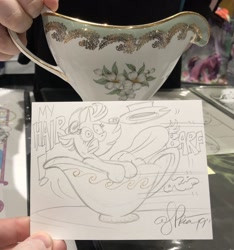 Size: 1920x2048 | Tagged: safe, artist:andypriceart, imported from derpibooru, applejack, rarity, pony, barf, gravy boat, photo, ride, teacups, traditional art, vomit, vomiting