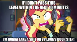 Size: 888x485 | Tagged: safe, edit, edited screencap, imported from derpibooru, screencap, fluttershy, sunset shimmer, equestria girls, equestria girls series, game stream, spoiler:eqg series (season 2), fanfic in the description, gamer sunset, implied gamer luna, meme, rageset shimmer, sunset gamer, sunset shimmer frustrated at game, sunset's apartment, video game, vulgar