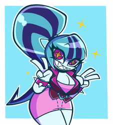 Size: 2800x3096 | Tagged: safe, artist:nelljoestar, imported from derpibooru, sonata dusk, equestria girls, rainbow rocks, big breasts, breasts, busty sonata dusk, cleavage, female, grin, peace sign, shark teeth, smiling, solo, wingding eyes