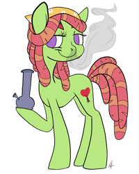 Size: 2000x2500 | Tagged: safe, artist:katyusha, imported from derpibooru, tree hugger, earth pony, pony, bandana, bong, drug use, drugs, female, green coat, marijuana, purple eyes, simple background, smiling, smoke, smug, solo, stoner, tree stoner