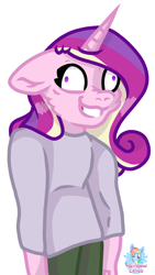 Size: 646x1144 | Tagged: safe, artist:rainbow eevee, imported from derpibooru, princess cadance, anthro, clothes, female, gym clothes, meme, simple background, smiling, solo, what has science done, white background