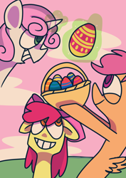 Size: 1280x1810 | Tagged: safe, artist:lunawoonanight, imported from derpibooru, apple bloom, scootaloo, sweetie belle, pony, adorabloom, basket, colored pupils, cute, cutealoo, cutie mark crusaders, diasweetes, easter, easter egg, floppy ears, holiday, magic, no catchlights, profile, smiling, sweetie belle's magic brings a great big smile, telekinesis