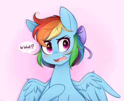 Size: 2200x1794 | Tagged: safe, artist:higgly-chan, imported from derpibooru, rainbow dash, pegasus, pony, alternate hairstyle, blushing, bow, cute, dashabetes, dialogue, exclamation point, female, hair bow, interrobang, mare, question mark, short hair, short hair rainbow dash, solo, speech bubble, tsunderainbow, tsundere, wing fluff