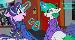 Size: 6001x3200 | Tagged: safe, artist:brainiac, imported from derpibooru, part of a set, starlight glimmer, oc, oc:fluoride sting, pony, unicorn, bronycon 2019, female, food, glowing horn, hotel room, kite, magic, magic aura, mare, pizza, telekinesis, text, that pony sure does love kites, tomato pizza, tomatoes