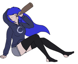 Size: 900x741 | Tagged: safe, artist:slamjam, imported from derpibooru, princess luna, human, alcohol, bottle, clothes, drinking, female, hoodie, humanized, shorts, simple background, sitting, socks, solo, stockings, thigh highs, white background