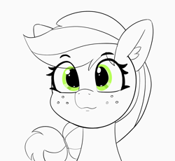 Size: 1500x1380 | Tagged: safe, artist:pabbley, imported from derpibooru, applejack, earth pony, pony, bust, cute, female, freckles, happy, jackabetes, mare, monochrome, neo noir, partial color, portrait, smiling, solo