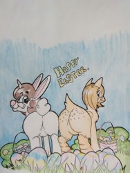 Size: 690x920 | Tagged: safe, artist:paper view of butts, imported from derpibooru, oc, oc:paper butt, oc:skecher haret, bird, chicken, pony, rabbit, unicorn, basket, brother, brother and sister, bunny ears, butt, butt freckles, colored, easter, easter basket, easter bunny, easter egg, egg, female, freckles, glasses, holiday, horn, ink, ink drawing, looking at you, looking back, looking back at you, male, mare, plot, rear, rear view, sister, stallion, traditional art