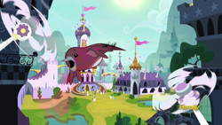 Size: 1366x768 | Tagged: safe, imported from derpibooru, screencap, bird, pony, robin (bird), sparkle's seven, canterlot castle, fans, flying, guard, male, outdoors, robin, royal guard, stallion, sun, wind