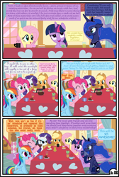 Size: 3255x4838 | Tagged: safe, artist:gutovi, imported from derpibooru, applejack, fluttershy, pinkie pie, princess luna, rainbow dash, rarity, twilight sparkle, alicorn, earth pony, pegasus, pony, unicorn, comic:why me!?, alternate ending, applejack gets all the mares, cake, coffee, coffee mug, comic, cup, curtains, food, harem, mane six, mug, polyamory, polygamy, show accurate, sugarcube corner, table, teacup, twilight sparkle (alicorn), window