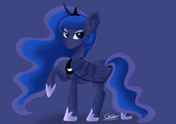 Size: 900x637 | Tagged: safe, artist:sadtrooper, imported from derpibooru, princess luna, alicorn, pony, blue background, chest fluff, crown, cute, ear fluff, female, hoof shoes, jewelry, leg fluff, lunabetes, mare, regalia, simple background, solo