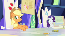 Size: 1366x768 | Tagged: safe, imported from derpibooru, screencap, applejack, rarity, earth pony, pony, sparkle's seven, arrow, discovery family logo, friendship throne, paper, pencil, throne, throne room