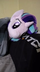 Size: 2304x4096 | Tagged: safe, artist:lilmoon, imported from derpibooru, starlight glimmer, pony, unicorn, blanket, cute, female, glimmerbetes, irl, mare, photo, pillow, plushie, smiling