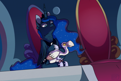 Size: 1500x1000 | Tagged: safe, artist:glitterstar2000, imported from derpibooru, princess luna, alicorn, pony, sparkle's seven, carpet, chair, female, looking at you, luna petting goose, mare, serious, serious face, throne, throne room