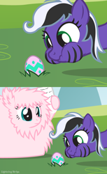 Size: 816x1330 | Tagged: safe, artist:lightning stripe, derpibooru exclusive, imported from derpibooru, oc, oc:fluffle puff, oc:lightning stripe, earth pony, pony, black and white mane, comic, easter, easter egg, egg, eyelashes, grass, grass field, green eyes, holiday, makeup, newspaper, pink coat, puffy cheeks, scrunchy face, show accurate, solo, stripes, teal eyes, that escalated quickly, this will end in pain, two toned mane