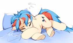 Size: 2643x1590 | Tagged: safe, artist:share dast, imported from derpibooru, oc, oc only, oc:iuth, pony, unicorn, blanket, onomatopoeia, pillow, sleeping, solo, sound effects, zzz