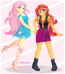 Size: 3500x4000 | Tagged: safe, artist:katakiuchi4u, imported from derpibooru, fluttershy, sunset shimmer, equestria girls, clothes, cute, dress, female, fluttershy boho dress, freckles, legs, peppered bacon, skirt, sleeveless, sleeveless dress, smiling