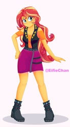 Size: 2200x4000 | Tagged: safe, artist:katakiuchi4u, imported from derpibooru, sunset shimmer, equestria girls, clothes, cute, female, freckles, legs, peppered bacon, smiling, solo