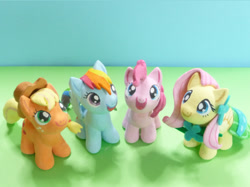 Size: 589x441 | Tagged: safe, artist:ラル, imported from derpibooru, applejack, fluttershy, pinkie pie, rainbow dash, earth pony, pegasus, pony, candy, clothes, cowboy hat, craft, custom, customized toy, cute, dress, female, filly, food, gala dress, happy, hat, irl, japan, looking up, photo, plushie, sculpture, smiling, toy